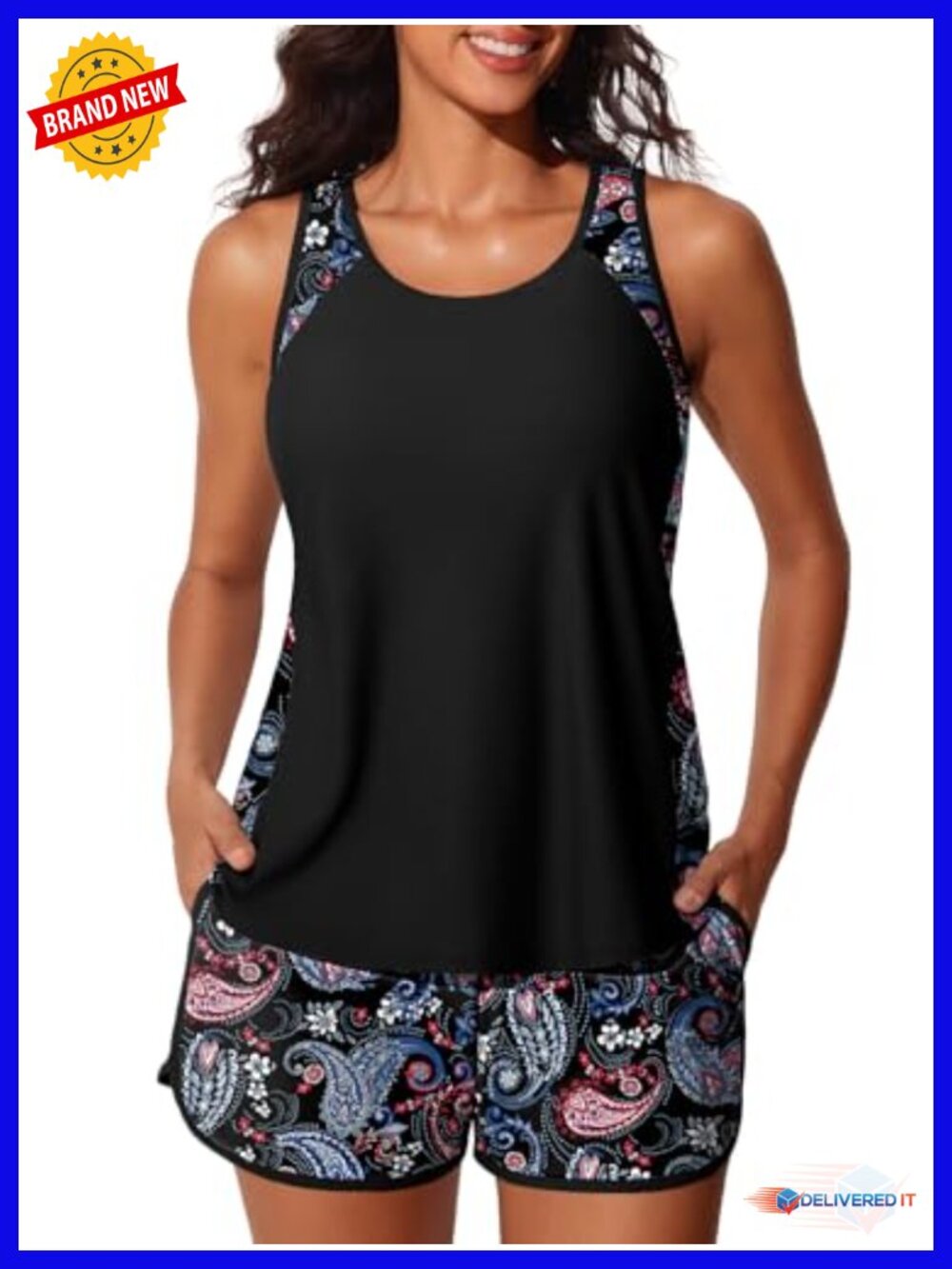 Blouson Tankini Swimsuit with Tummy Control and Sporty Pockets Swim Shorts